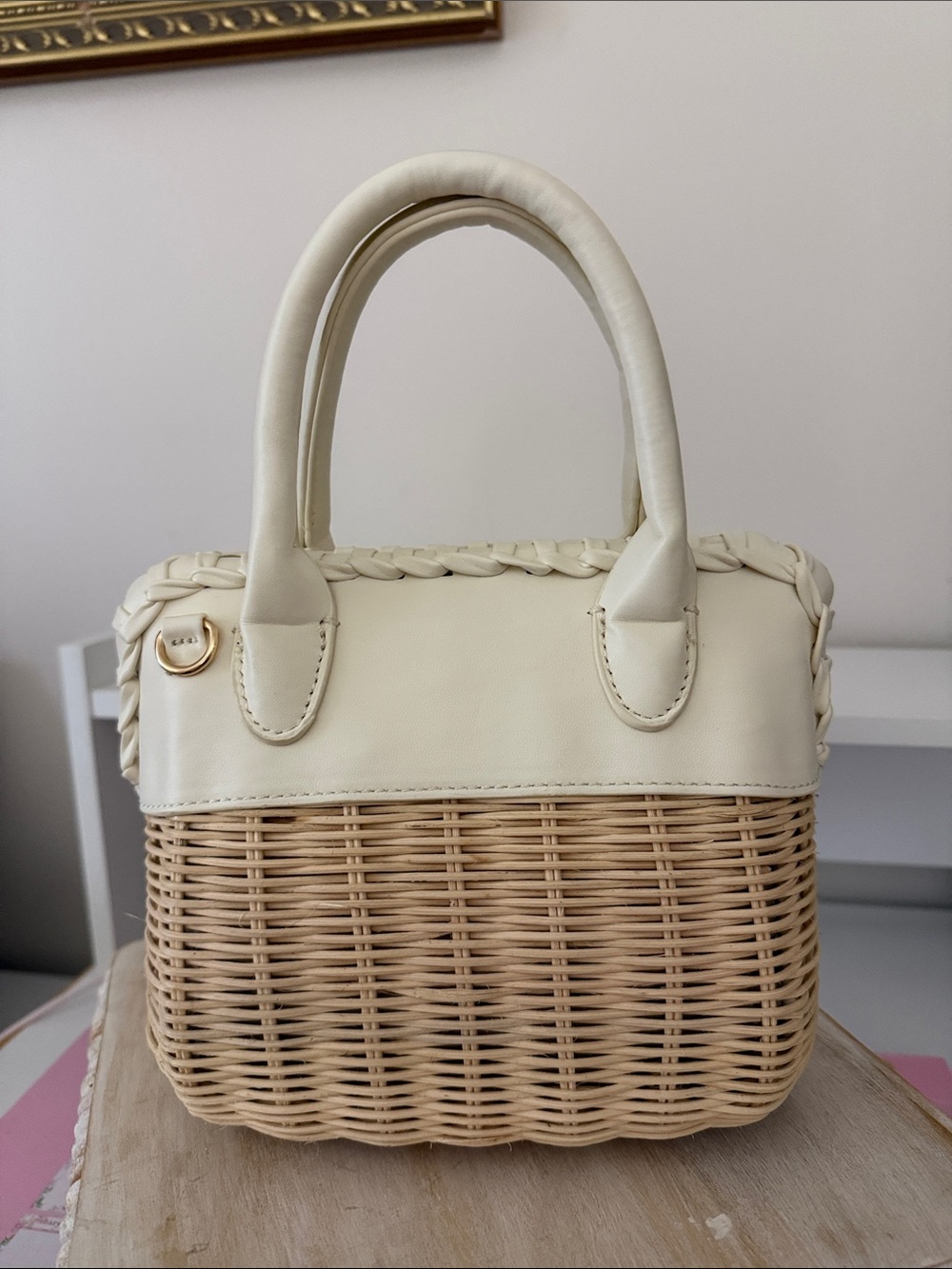 Woven Rattan & Cream Leather Tote Bag
